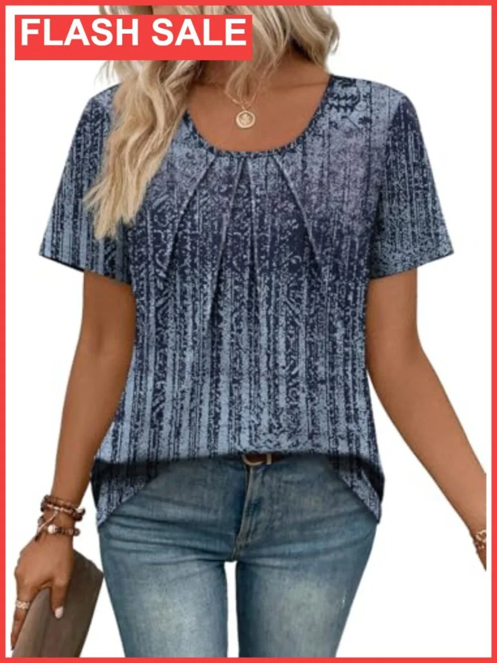 Womens Pleated Scoop Neck Short Sleeve Top Business Casual Blouse